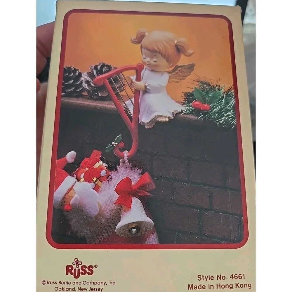 2 Russ Vtg Christmas Shelf Sitting‎ Stocking Hangers Angel Angels W/ Boxes